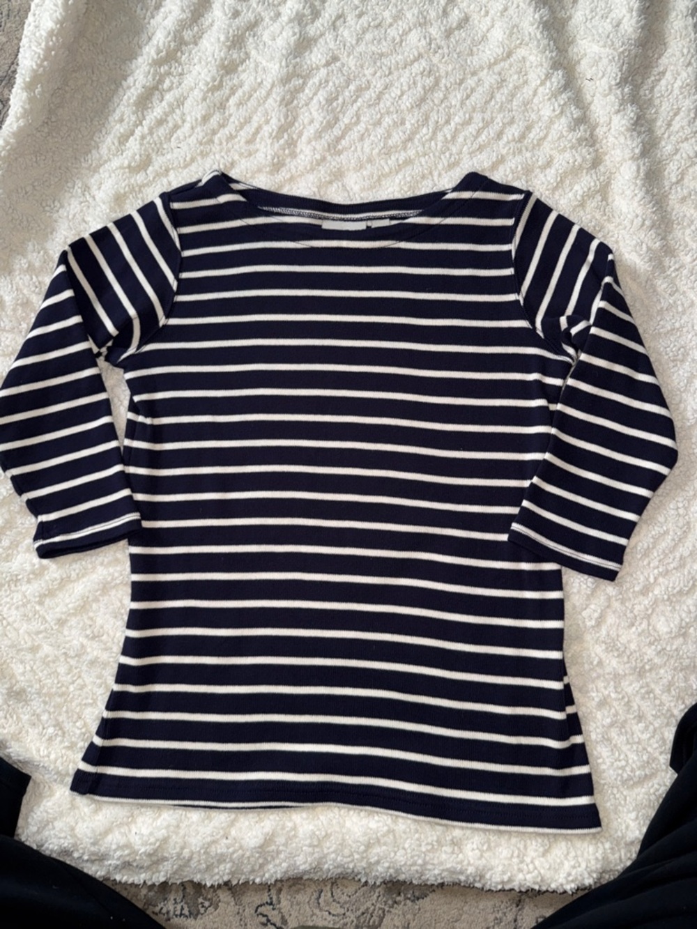 L.L.Bean Navy & White Striped Boatneck top 3/4 sleeve